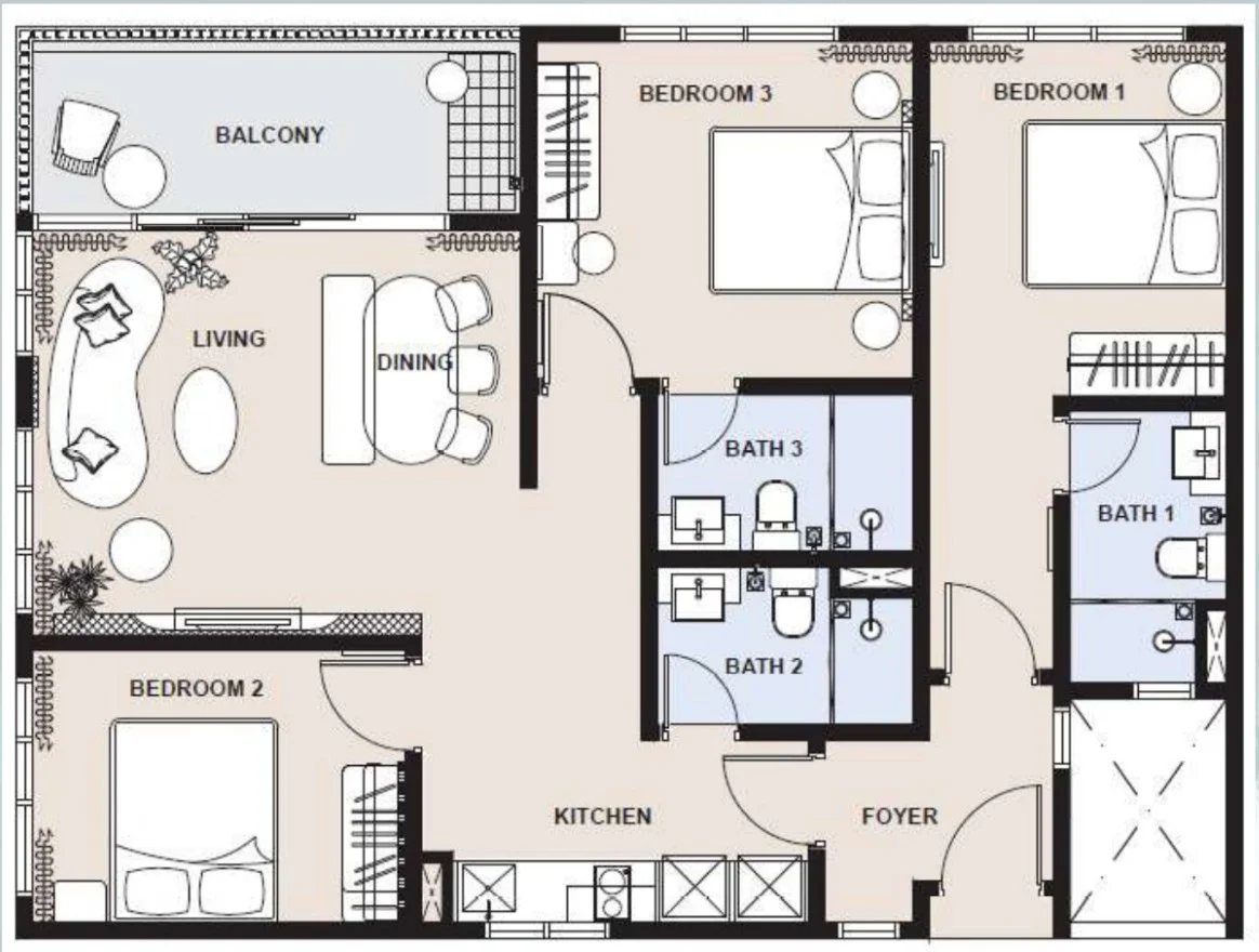 OSK Ombak Kuantan Type C Floor Plan — 1026 sqft Dual Key 3-Bed Residence, Freehold Balok Beach