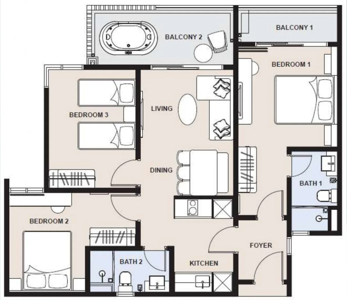 OSK Ombak Kuantan Type D Floor Plan — 950 sqft Jacuzzi Suite with Private Balcony, Freehold Balok Beach